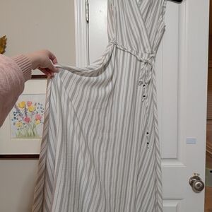 Calvin Klein Gray and White Striped Maxi Dress